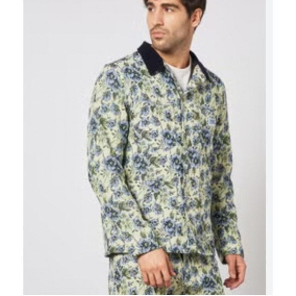 The Hundreds Men Large Floral Tapestry Chore Jacket Yellow Blue Corduroy Collar